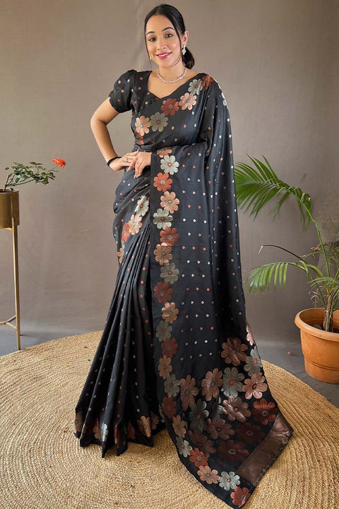 VastraLakshmi Trendy Black Soft Banarasi Silk Saree With Flattering Blouse Piece