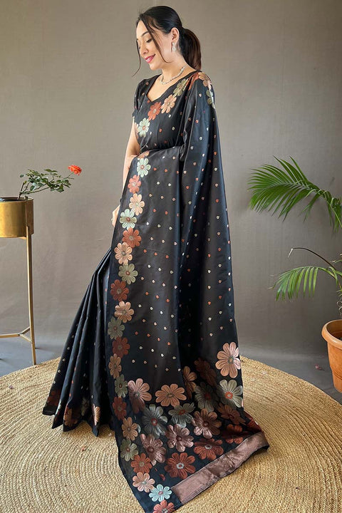 VastraLakshmi Trendy Black Soft Banarasi Silk Saree With Flattering Blouse Piece