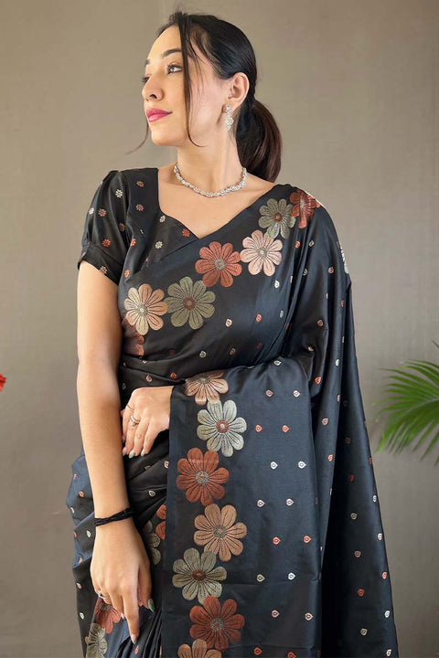 VastraLakshmi Trendy Black Soft Banarasi Silk Saree With Flattering Blouse Piece