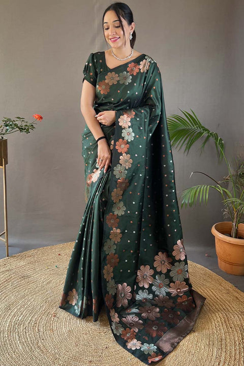 VastraLakshmi Energetic Dark Green Soft Banarasi Silk Saree With Sensational Blouse Piece