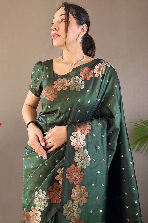 VastraLakshmi Energetic Dark Green Soft Banarasi Silk Saree With Sensational Blouse Piece