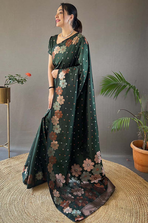 VastraLakshmi Energetic Dark Green Soft Banarasi Silk Saree With Sensational Blouse Piece