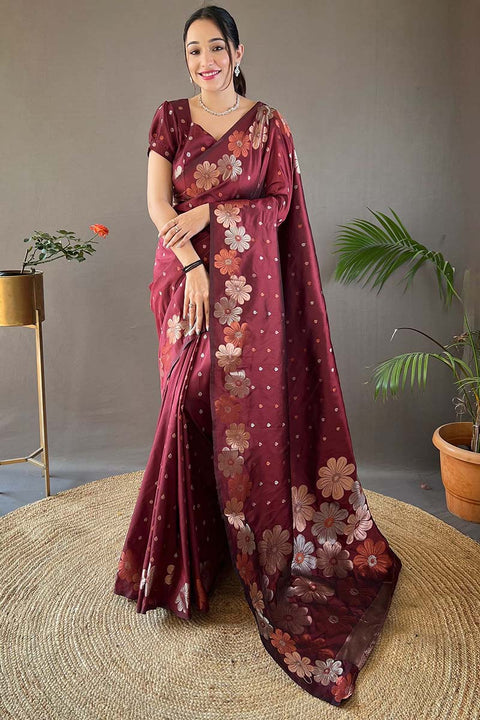 VastraLakshmi Mesmerising Maroon Soft Banarasi Silk Saree With Capricious Blouse Piece