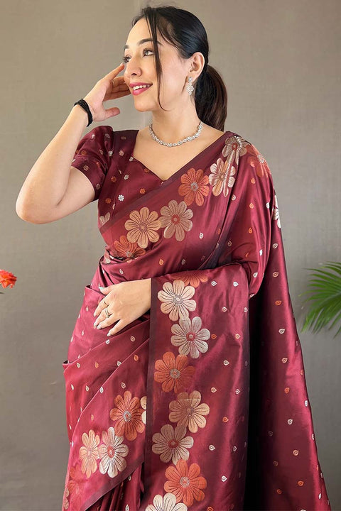 VastraLakshmi Mesmerising Maroon Soft Banarasi Silk Saree With Capricious Blouse Piece