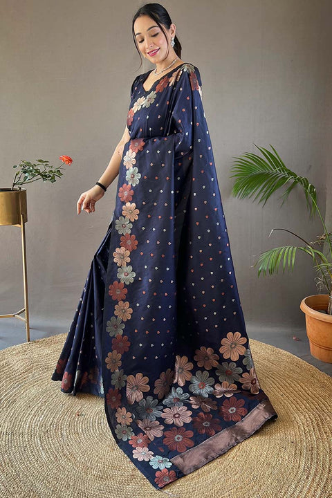 VastraLakshmi Deserving Navy Blue Soft Banarasi Silk Saree With Intricate Blouse Piece