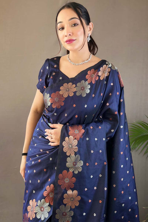 VastraLakshmi Deserving Navy Blue Soft Banarasi Silk Saree With Intricate Blouse Piece