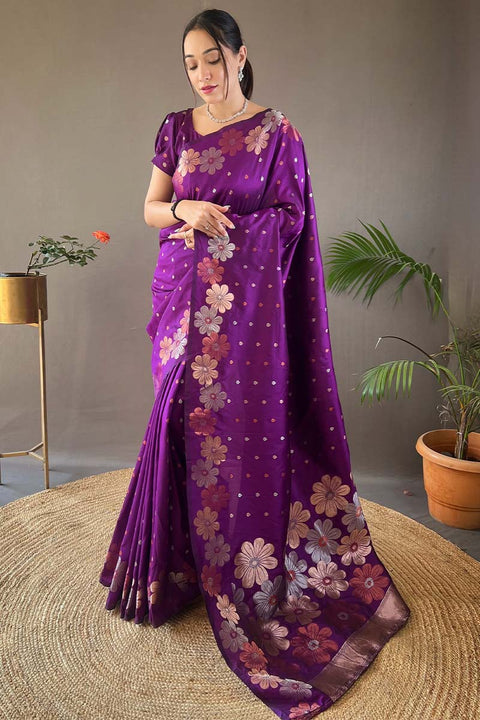 VastraLakshmi Blooming Purple Soft Banarasi Silk Saree With Hypnotic Blouse Piece