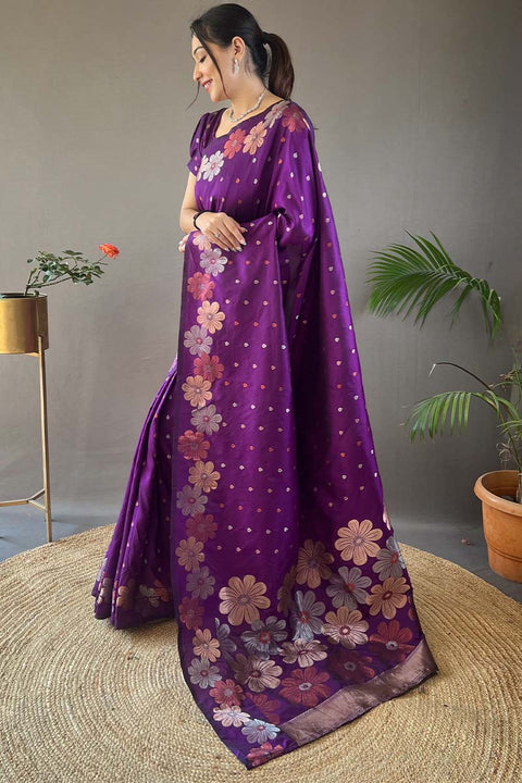 VastraLakshmi Blooming Purple Soft Banarasi Silk Saree With Hypnotic Blouse Piece