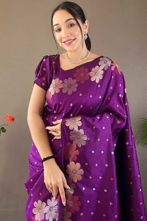 VastraLakshmi Blooming Purple Soft Banarasi Silk Saree With Hypnotic Blouse Piece