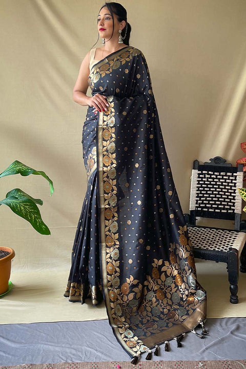 VastraLakshmi Embrocation Black Soft Banarasi Silk Saree With Lassitude Blouse Piece