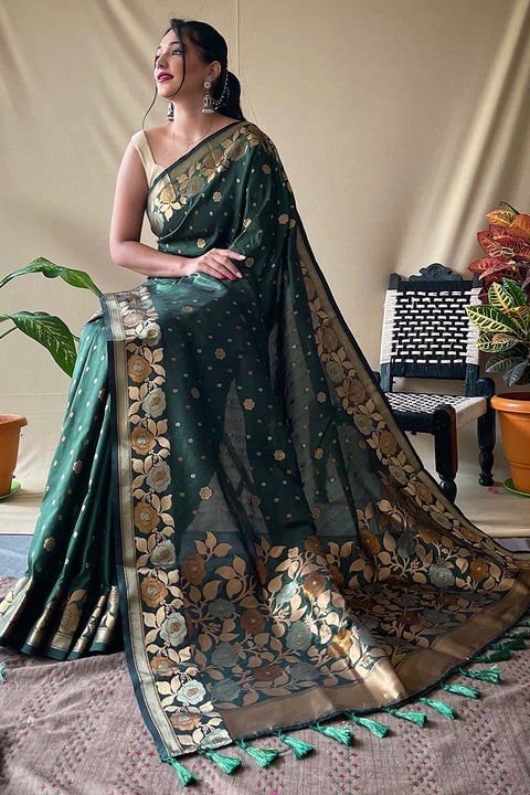 VastraLakshmi Nemesis Dark Green Soft Banarasi Silk Saree With Quintessential Blouse Piece