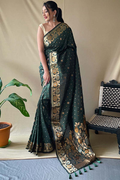 VastraLakshmi Nemesis Dark Green Soft Banarasi Silk Saree With Quintessential Blouse Piece