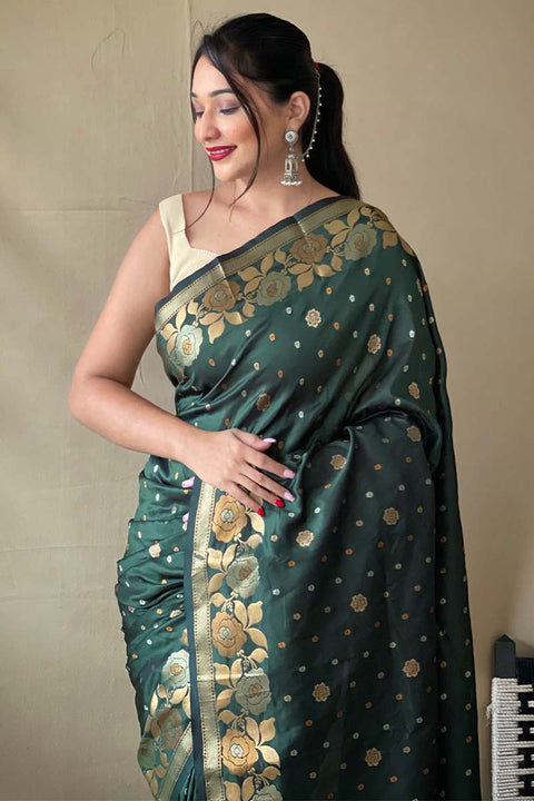 VastraLakshmi Nemesis Dark Green Soft Banarasi Silk Saree With Quintessential Blouse Piece