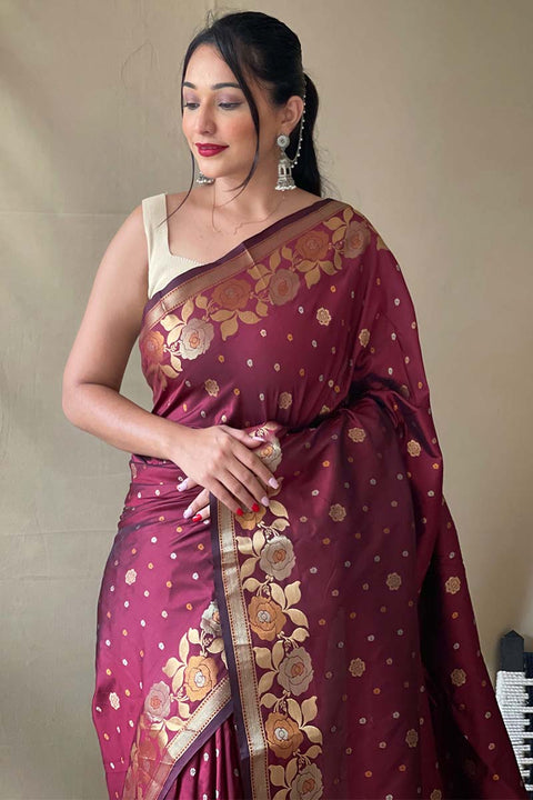 VastraLakshmi Serendipity Maroon Soft Banarasi Silk Saree With Woebegone Blouse Piece