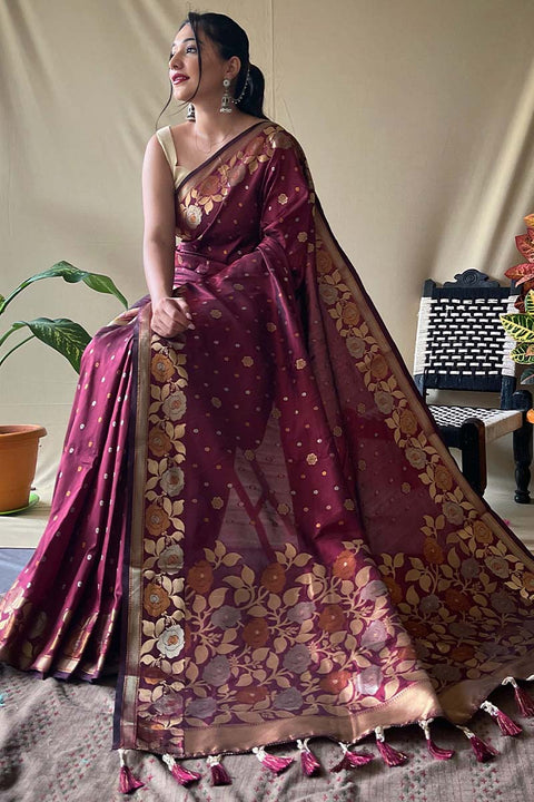 VastraLakshmi Serendipity Maroon Soft Banarasi Silk Saree With Woebegone Blouse Piece