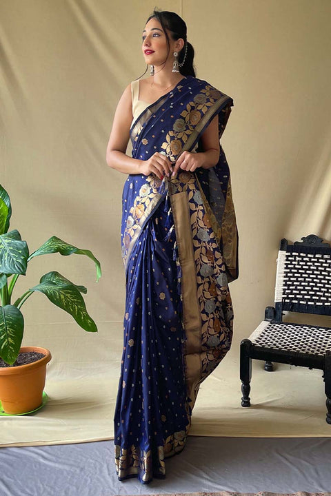 VastraLakshmi Magnetic Navy Blue Soft Banarasi Silk Saree With Incredible Blouse Piece