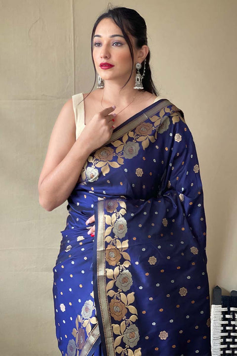 VastraLakshmi Magnetic Navy Blue Soft Banarasi Silk Saree With Incredible Blouse Piece