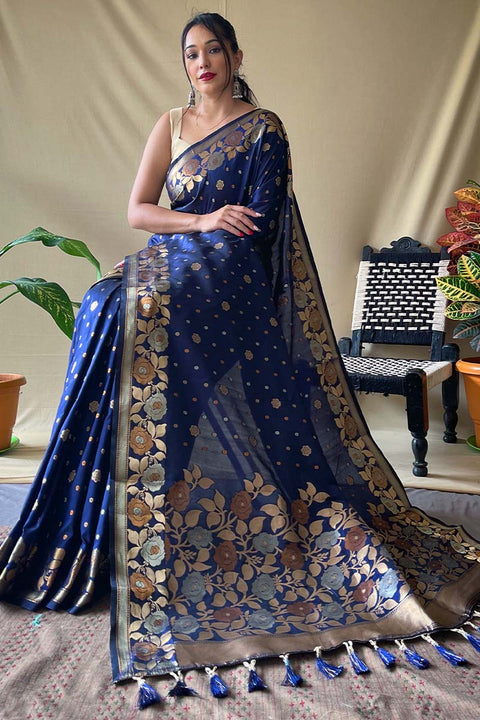 VastraLakshmi Magnetic Navy Blue Soft Banarasi Silk Saree With Incredible Blouse Piece