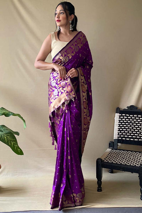 VastraLakshmi Enchanting Purple Soft Banarasi Silk Saree With Snappy Blouse Piece