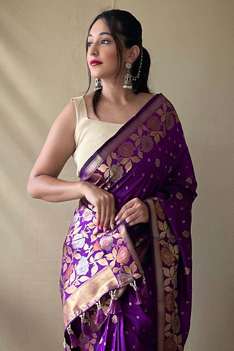 VastraLakshmi Enchanting Purple Soft Banarasi Silk Saree With Snappy Blouse Piece