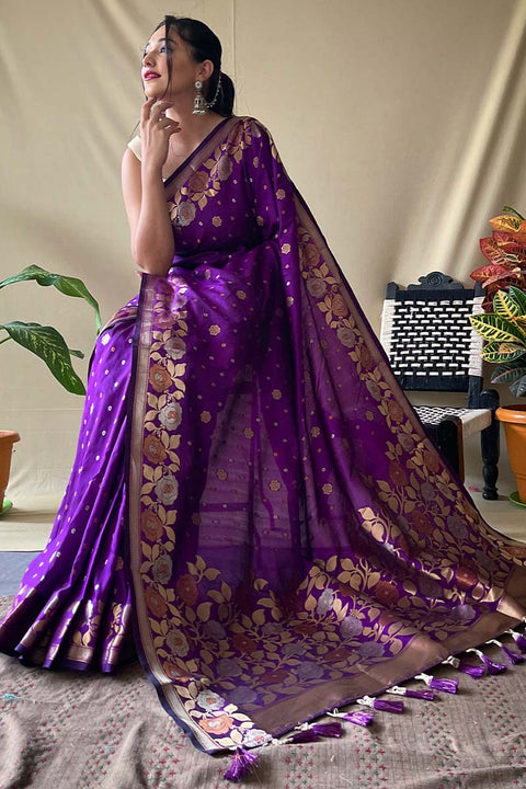 VastraLakshmi Enchanting Purple Soft Banarasi Silk Saree With Snappy Blouse Piece