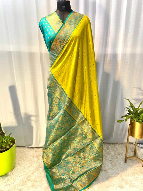 VastraLakshmi Fairytale Mustard Soft Banarasi Silk Saree With Enticing Blouse Piece