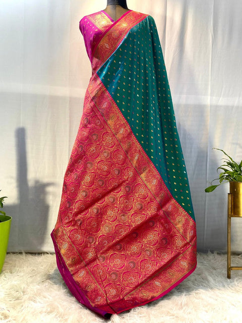 VastraLakshmi Evanescent Rama Soft Banarasi Silk Saree With Petrichor Blouse Piece