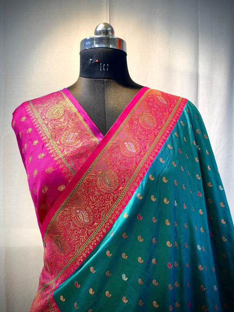 VastraLakshmi Evanescent Rama Soft Banarasi Silk Saree With Petrichor Blouse Piece