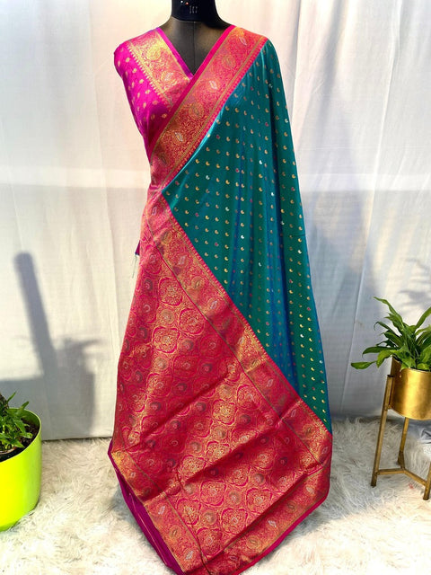 VastraLakshmi Evanescent Rama Soft Banarasi Silk Saree With Petrichor Blouse Piece