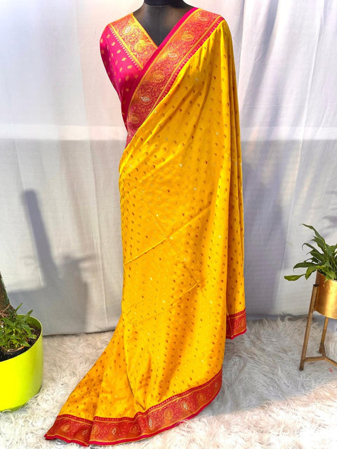 VastraLakshmi Ornate Yellow Soft Banarasi Silk Saree With Exemplary Blouse Piece