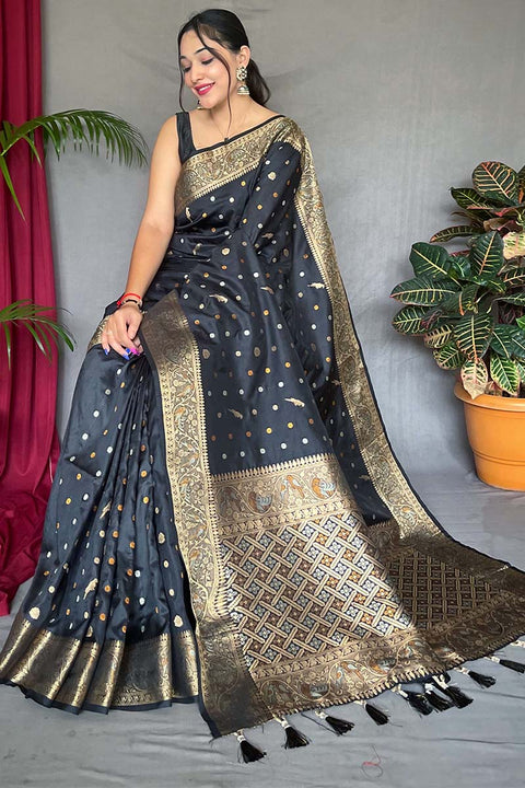 VastraLakshmi Enigmatic Black Soft Banarasi Silk Saree With Enamoring Blouse Piece