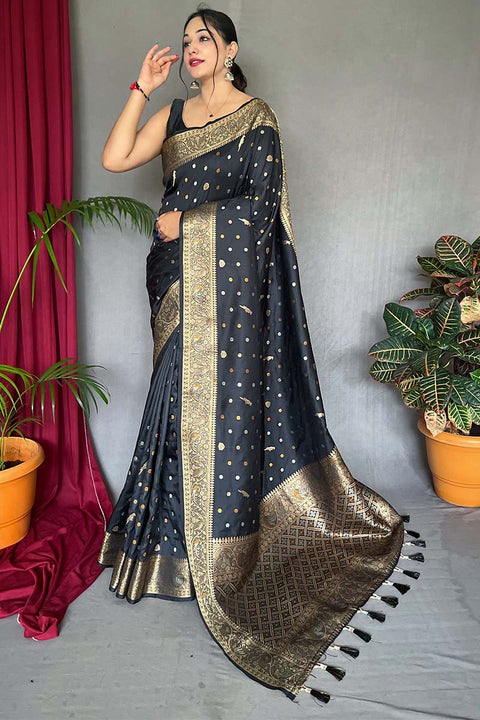 VastraLakshmi Enigmatic Black Soft Banarasi Silk Saree With Enamoring Blouse Piece