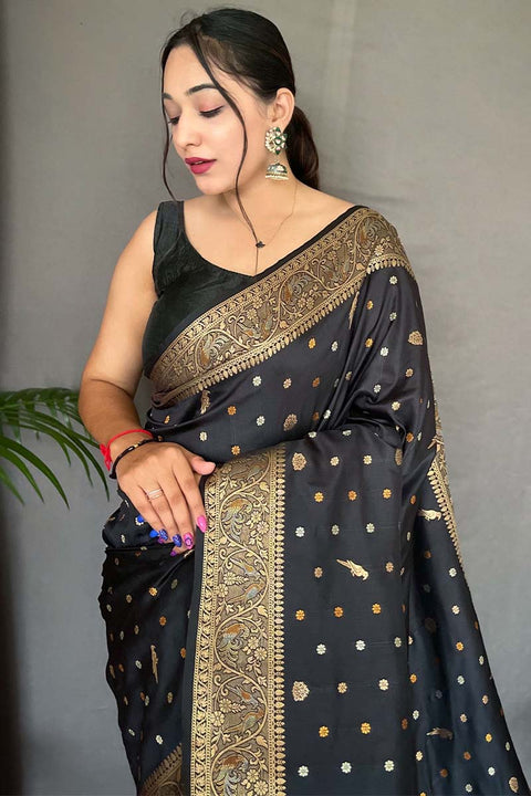 VastraLakshmi Enigmatic Black Soft Banarasi Silk Saree With Enamoring Blouse Piece