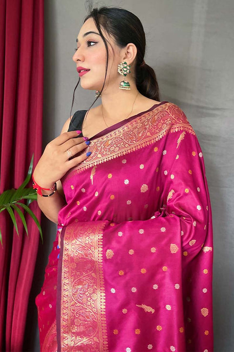 VastraLakshmi Rhapsody Dark Pink Soft Banarasi Silk Saree With Winsome Blouse Piece