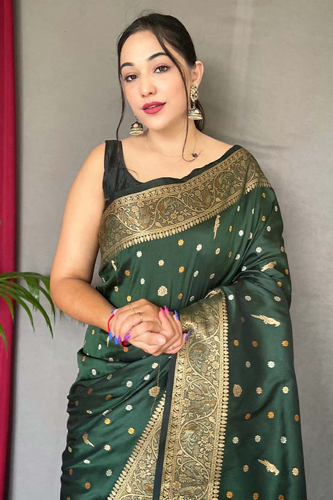 VastraLakshmi Unequalled Dark Green Soft Banarasi Silk Saree With Exemplary Blouse Piece