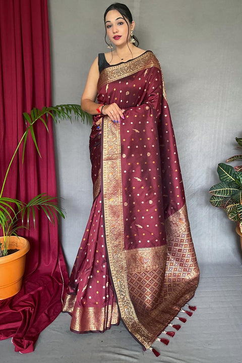 VastraLakshmi Exuberant Maroon Soft Banarasi Silk Saree With Whimsical Blouse Piece