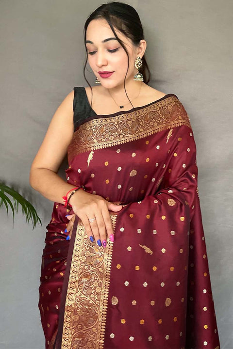 VastraLakshmi Exuberant Maroon Soft Banarasi Silk Saree With Whimsical Blouse Piece