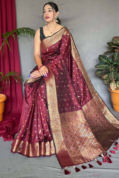 VastraLakshmi Exuberant Maroon Soft Banarasi Silk Saree With Whimsical Blouse Piece