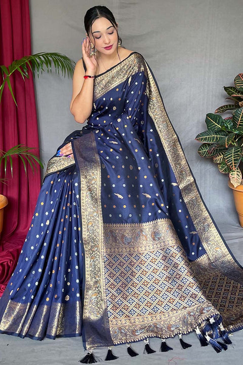 VastraLakshmi Luxuriant Navy Blue Soft Banarasi Silk Saree With Exemplary Blouse Piece