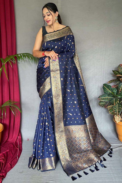 VastraLakshmi Luxuriant Navy Blue Soft Banarasi Silk Saree With Exemplary Blouse Piece