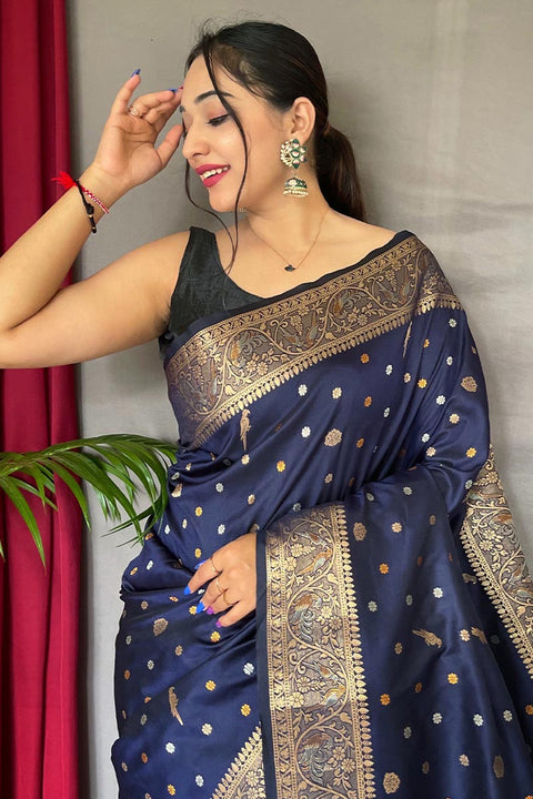 VastraLakshmi Luxuriant Navy Blue Soft Banarasi Silk Saree With Exemplary Blouse Piece