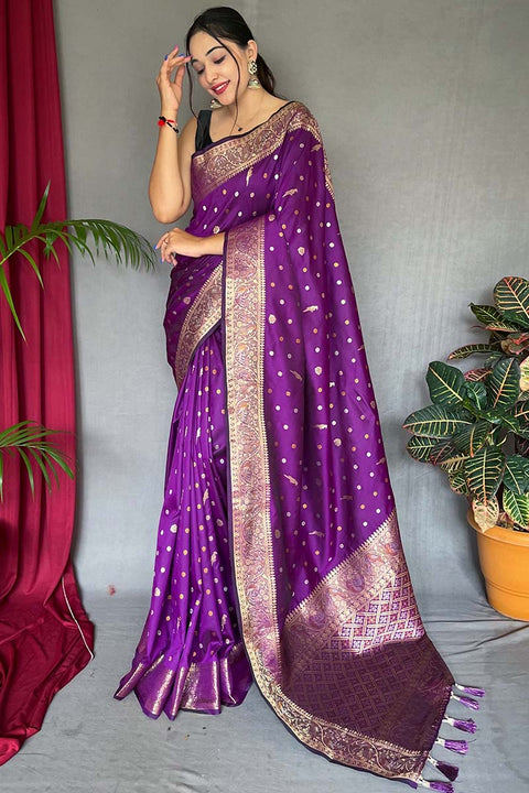 VastraLakshmi Elaborate Purple Soft Banarasi Silk Saree With Scintillating Blouse Piece