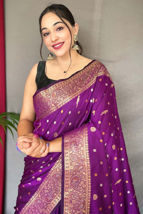 VastraLakshmi Elaborate Purple Soft Banarasi Silk Saree With Scintillating Blouse Piece