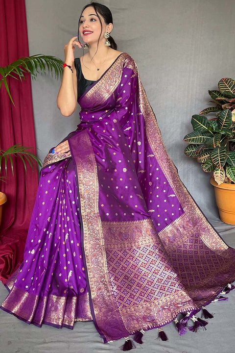 VastraLakshmi Elaborate Purple Soft Banarasi Silk Saree With Scintillating Blouse Piece