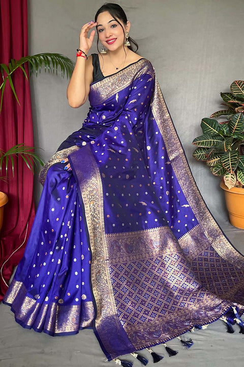 VastraLakshmi Panache Royal Blue Soft Banarasi Silk Saree With Ethereal Blouse Piece