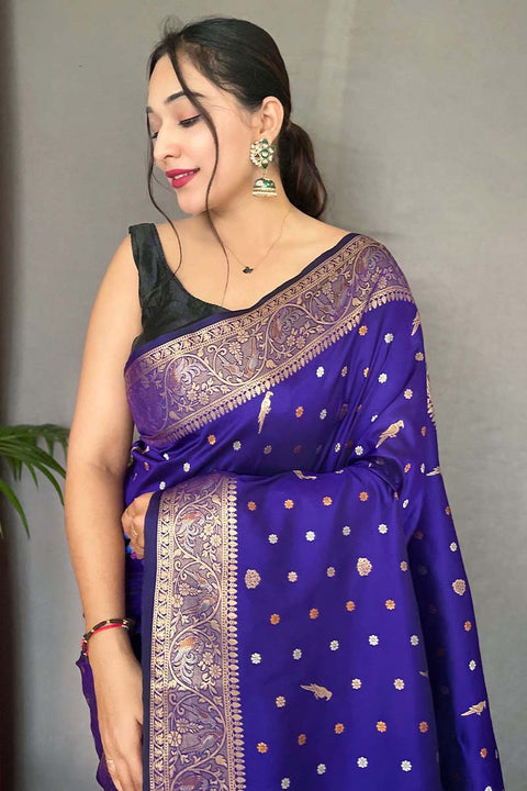 VastraLakshmi Panache Royal Blue Soft Banarasi Silk Saree With Ethereal Blouse Piece