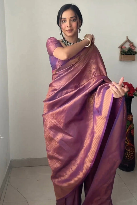 VastraLakshmi Mellifluous 1-Minute Ready To Wear Purple Kanjivaram Silk Saree