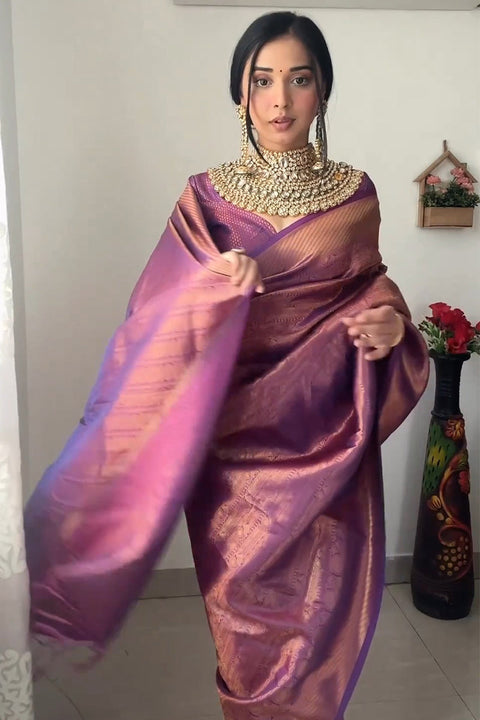 VastraLakshmi Mellifluous 1-Minute Ready To Wear Purple Kanjivaram Silk Saree