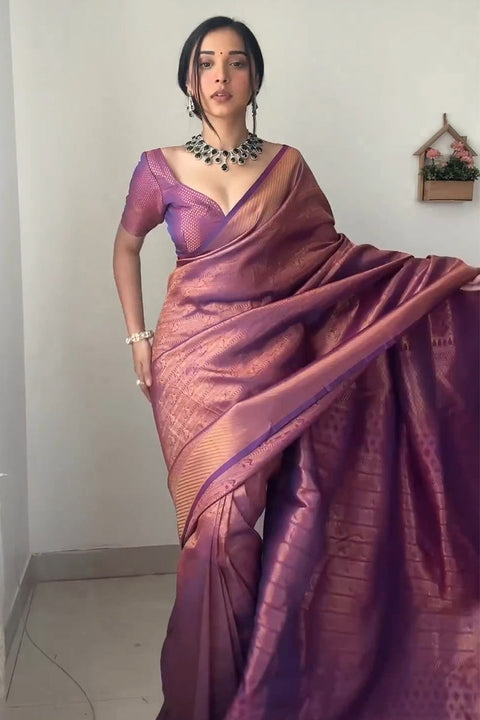 VastraLakshmi Mellifluous 1-Minute Ready To Wear Purple Kanjivaram Silk Saree