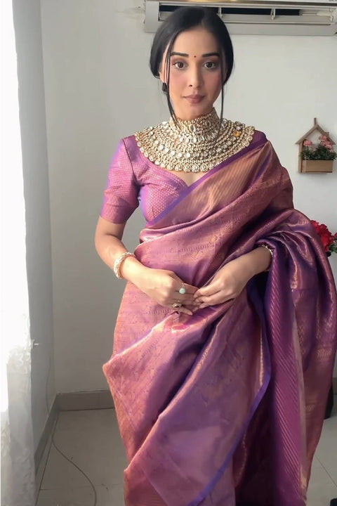 VastraLakshmi Mellifluous 1-Minute Ready To Wear Purple Kanjivaram Silk Saree